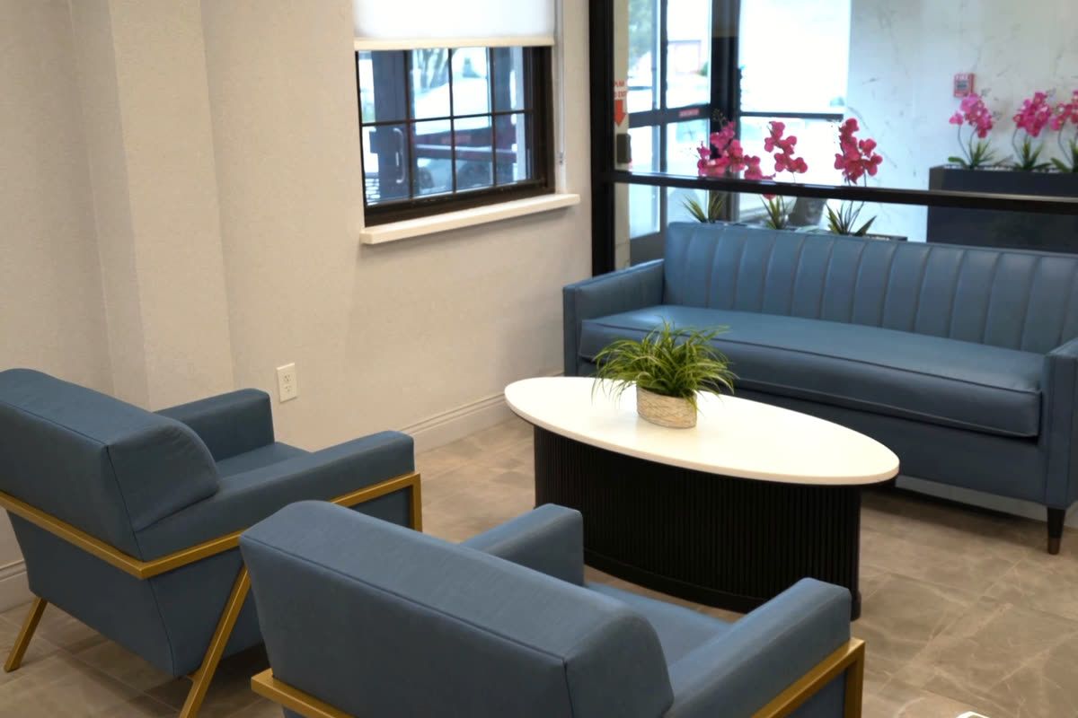 Sitting area with blue armchairs and orchids by the window